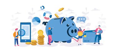 büyük akıllı telefonu, kumbarası, bozuk paraları ve kartları olan insanların karikatür vektör çizimi