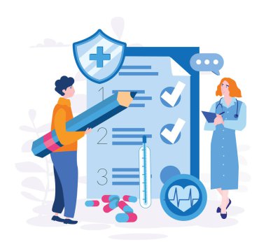 Büyük kalem ve kağıtlı bir adam ve tıbbi çalışanın çizgi film çizimi