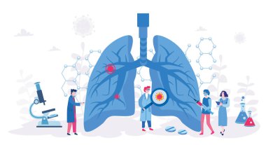 İnsan akciğerlerini araştıran tıbbi işçilerin çizgi film çizimi