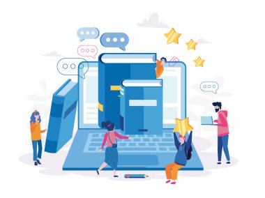 dizüstü bilgisayarında büyük kitapları olan insanların çizgi film vektör çizimi