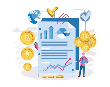 İşçiler ve büyüyen istatistik çizelgeleriyle paralarla çevrili büyük kağıtlar.