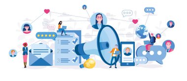 büyük kağıtları ve megafonu olan çalışan takımının çizgi film vektör çizimi