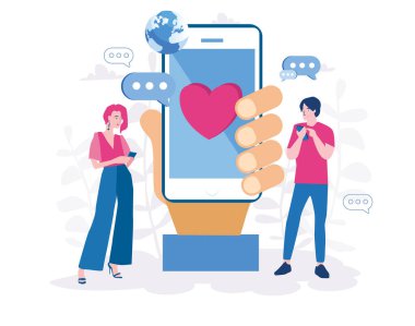 Erkek ve kadın akıllı telefon kullanıyor, ekranda kalbi olan akıllı telefonu tutuyor.