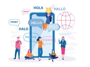 Büyük akıllı telefonu olan küçük insanlar, farklı dillerde merhaba.