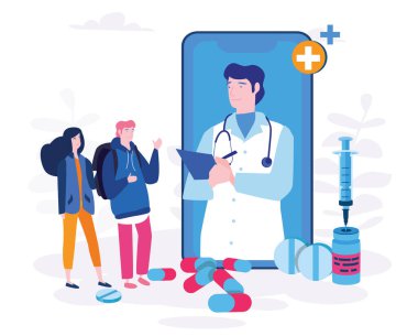 büyük akıllı telefon ekranındaki tıbbi işçinin ve insanların çizgi film vektör çizimi