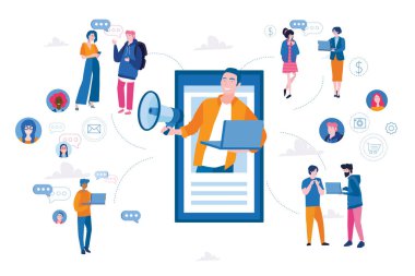 Tablet ekranında megafonu olan bir adam insanlarla çevrili.