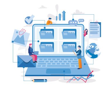 dizüstü bilgisayarda çalışan insanların dizinlerle çizilmiş çizgi film vektör çizimi