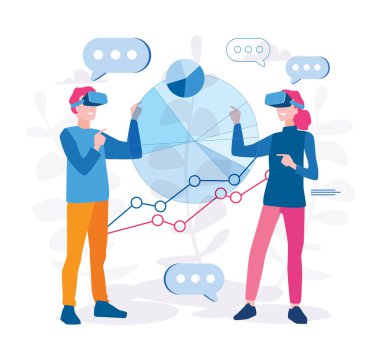 Büyüyen grafiklerle gözlüklü kadın ve erkek.