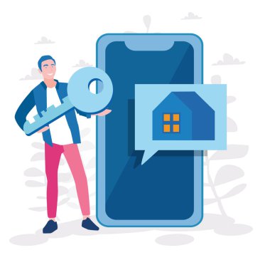 Geniş anahtarlı bir adam akıllı telefonun yanında ev fotoğrafı ile bekliyor.