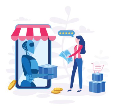 akıllı telefon ekranında robota para veren kadının karikatür vektör çizimi, online alışveriş