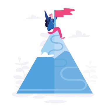 dağ zirvesinde bayrak taşıyan sırt çantalı gezginin çizgi film vektör çizimi