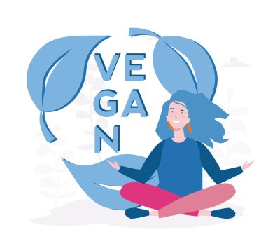 Arka planda vegan harflerle Asana pozisyonunda oturan bir kadın.