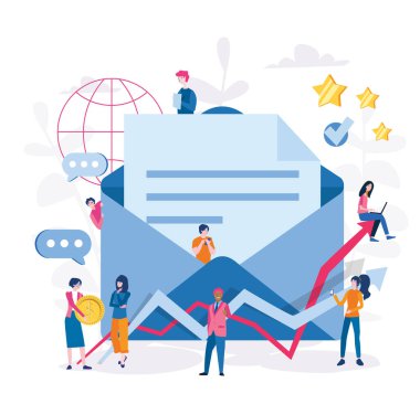 büyük harf zarfı ve büyüyen grafiklerle çalışan işçi takımının çizgi film vektör çizimi