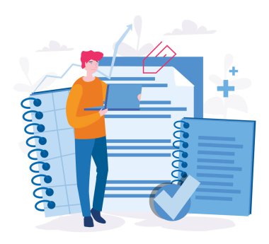 Dizüstü bilgisayarı ve büyük defterleri olan adam, vektör illüstrasyonu