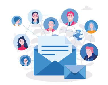 İnsanların kullanıcı fotoğrafları, e-posta adresleri içeren mektup zarfları