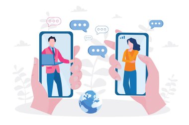 karikatür vektör illüstrasyonunda iki akıllı telefon ve interracting çalışan