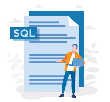 sql dosyası ve dizüstü bilgisayarı olan küçük adam, karikatür vektör çizimi