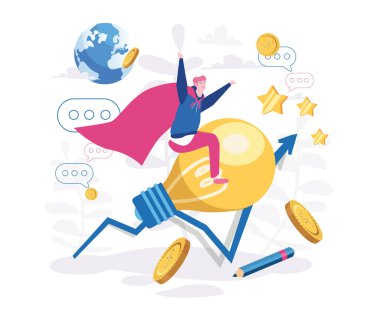 karikatür vektör çizimi fikir lambası üzerinde büyüyen grafikle işçi