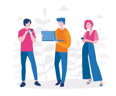 Akıllı telefonlar ve dizüstü bilgisayar vektör çizimi kullanan insanlar