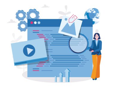 Büyüteçle mutlu çizgi film kadını, büyük web sayfası