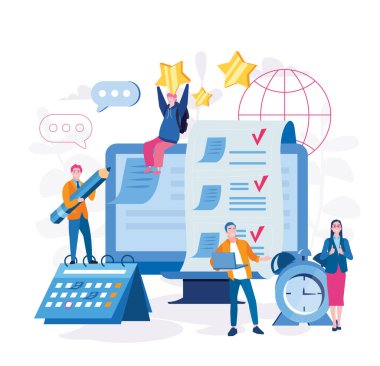 büyük bilgisayarı ve kağıtları olan küçük takımın çizgi film vektör çizimi