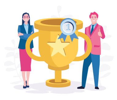 Kazanan kupayla resmi giyinen mutlu çalışanlar