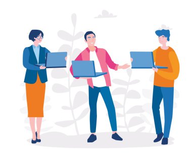 Dizüstü bilgisayar vektör çizimi kullanan gençler