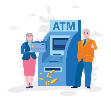 ATM 'nin yanında duran yaşlı adam ve kadının çizgi film çizimi