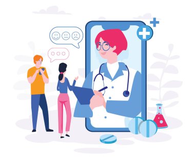 büyük akıllı telefon ekranındaki tıbbi işçinin ve insanların çizgi film vektör çizimi