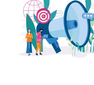 Hedefte büyük megafonu ve oku olan kadın ve erkek.