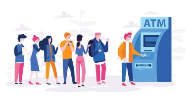 ATM kuyruğundaki insanların karikatür vektör çizimi