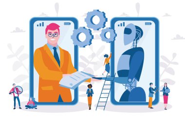 İş adamı ve robot yapay zekanın Smartphone ekranları aracılığıyla işi var. Yatırımcı belgeleri internette tutuyor. Sosyal medya ve internet için vektör illüstrasyonu