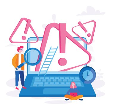 Uyarı işaretli büyük dizüstü bilgisayar ve küçük insanlar