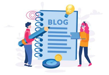 büyük defter ve kalemle blog yazarlarının çizgi film vektör çizimi