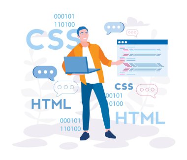 Mutlu css geliştiricisinin çizgi film vektör çizimi