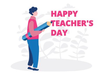 Büyük bir kalem ve mutlu öğretmenler günü harfleri tutan bir adamın çizgi film çizimi.