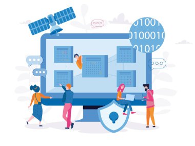 bilgisayar ekranında takvim sayfaları olan çalışan insanların çizgi film vektör illüstrasyonu