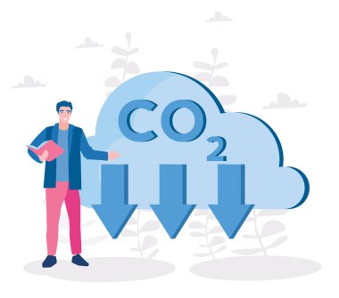 Bulutlu ve düşen karbondioksitli adamın çizgi film çizimi 