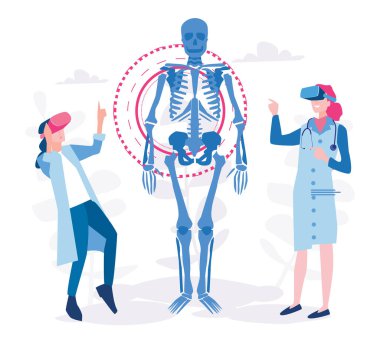 VR gözlüklü insanlar ve insan iskeletinin röntgeni.