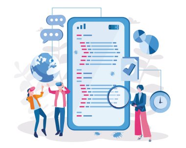 VR gözlüklü insanlar, büyüteçli bir kadın ve büyük bir akıllı telefon.