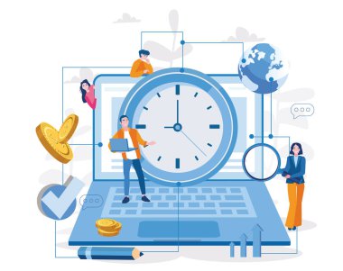 Çizgi film çalışanları büyük dizüstü bilgisayarda saatli.