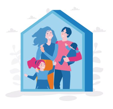 Evde mutlu bir aile, çizgi film vektör çizimi