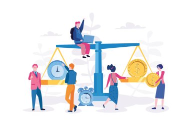 büyük ağırlıklar üzerinde zaman ve para ile çalışan takımın çizgi film vektör çizimi