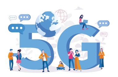 5 G teknolojisi kullanan insanlar. Ağ bağlantısı ve iletişim kavramı