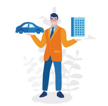 İş adamı araba ve inşaat ikonları tutuyor, kredi kavramı 