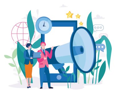 Büyük megafonu ve akıllı telefonu olan mutlu bir adam ve kadın.