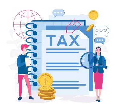 büyük vergi kağıtları ve paraları olan iki işçinin karikatür vektör çizimi