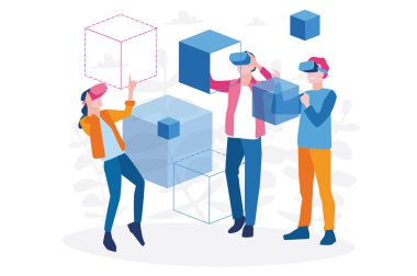 Sanal gerçeklik gözlüklü gençlerin sanal gerçeklik kavramı, vektör illüstrasyon tasarımı