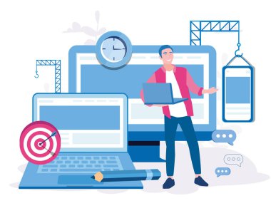 Küçük ve büyük çizgi film bilgisayarları olan mutlu adam.