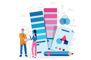 Renk paletleri, kağıt ve kalemi olan çizgi film insanları